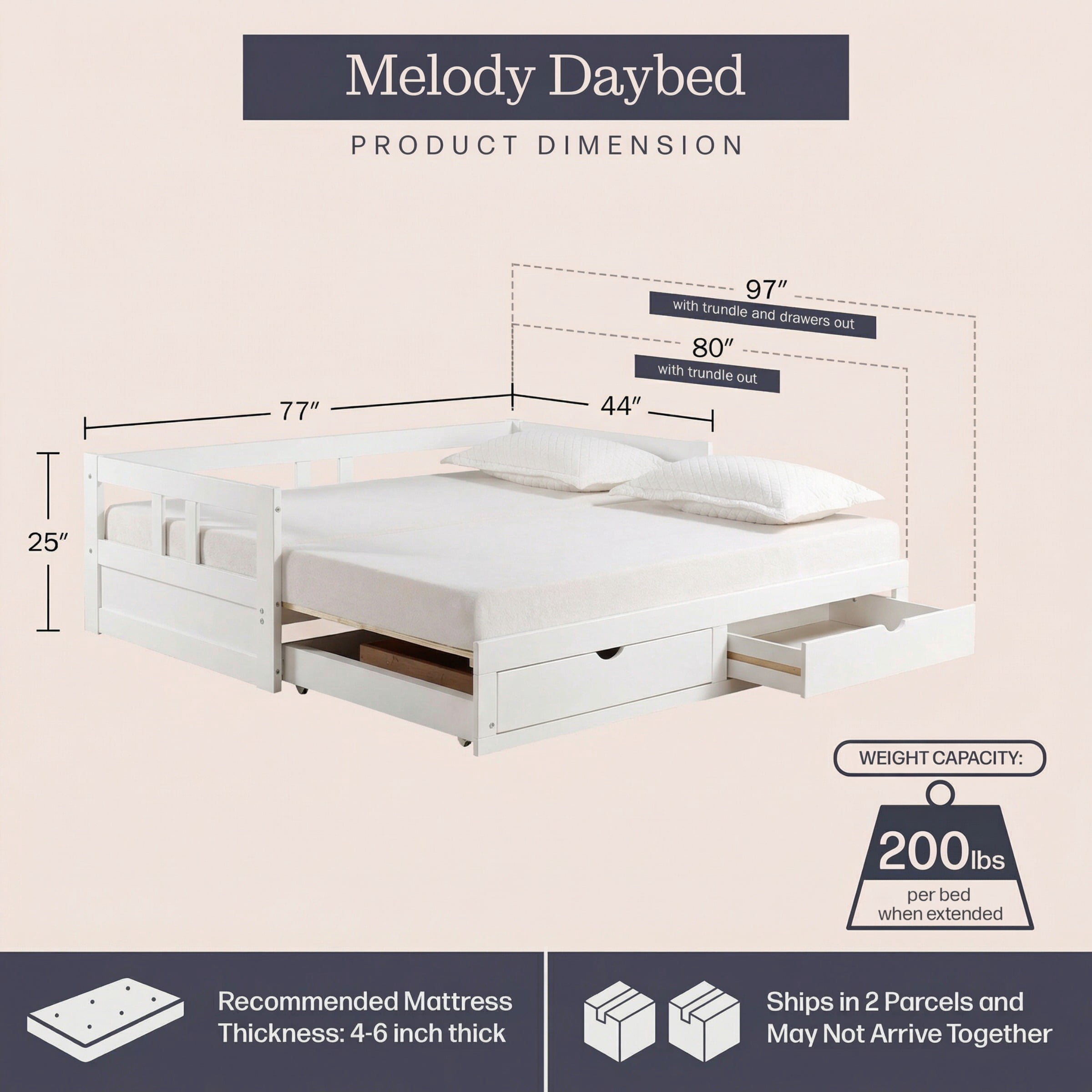 Alaterre Melody White Twin to King Daybed with Trundle and Storage Drawers