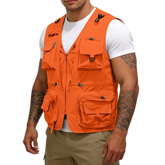 CCRFTGI Vest for Men Casual Lightweight Outdoor Fishing Work Safari Travel Hiking Running Golf Photo Sleeveless Cargo Vest Jacket Multi Pockets Saffron L