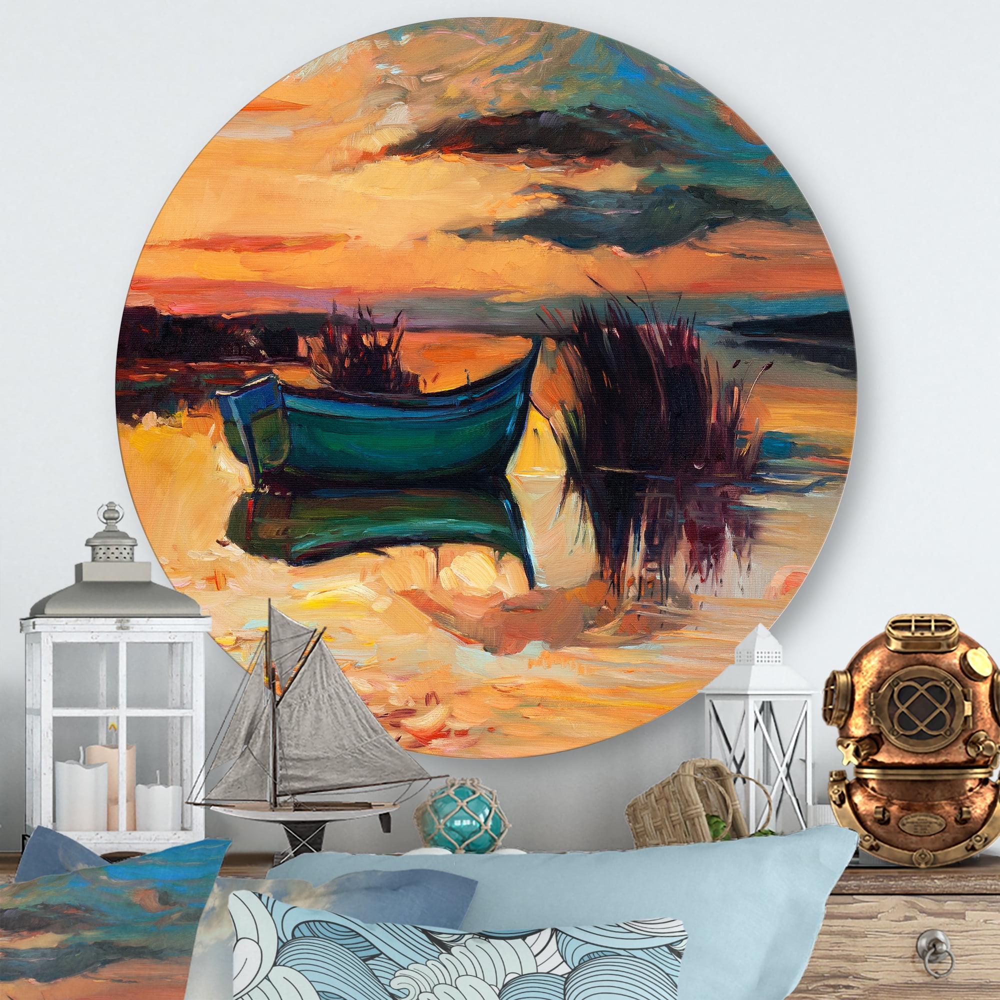 Designart 'Boat At The Lake During Evening Glow I' Nautical & Coastal Circle Metal Wall Art 11x11 - Disc of 11