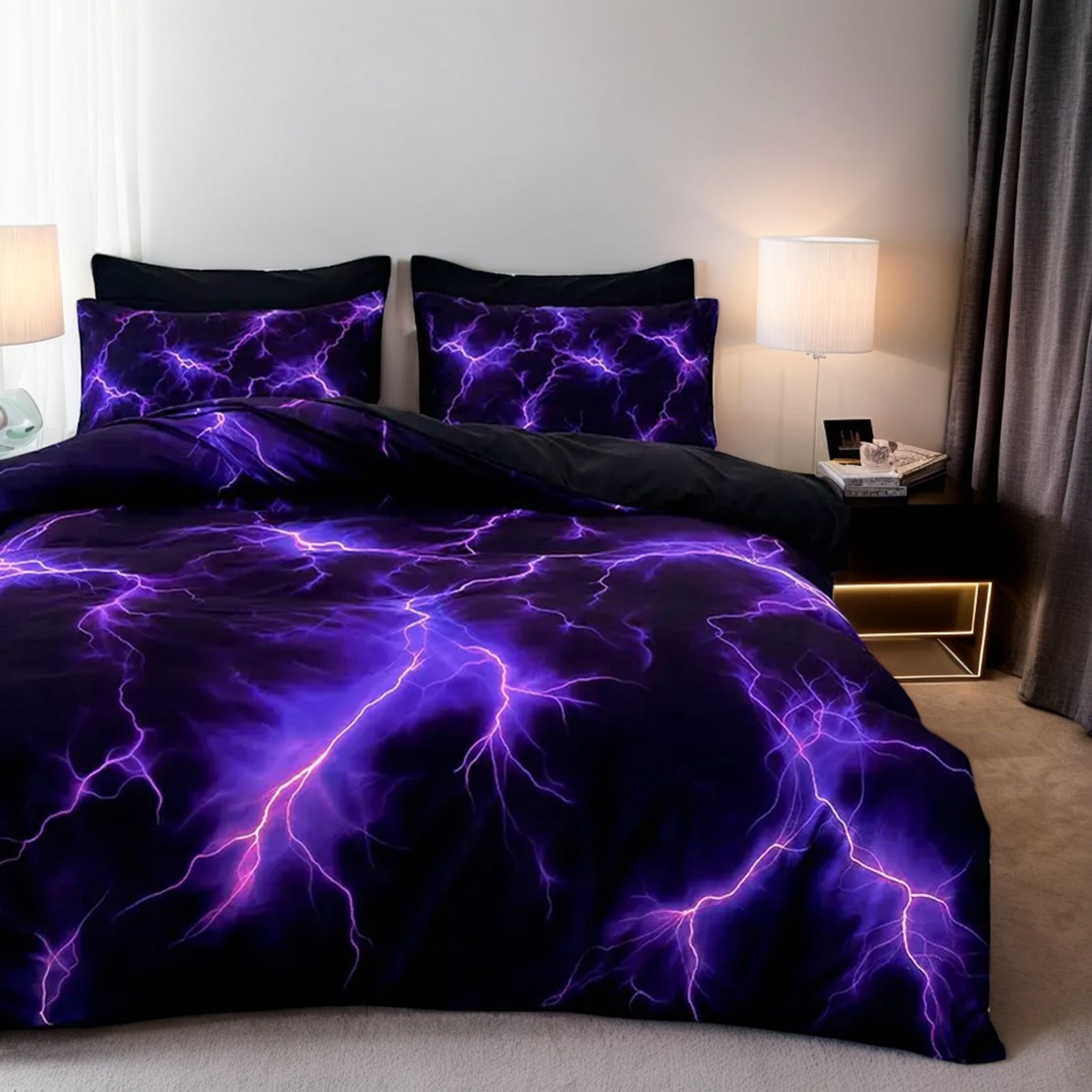 Orylavena Purple Lightning Microfiber Duvet Cover Set, Black Back, Twin