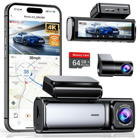 4K Dash Cam Front and Rear, Built-in 5G WiFi GPS, 64GB Card Included, 3.59'' IPS Screen Dash Camera for Cars, Dual Dashcam with G-Sensor, Loop Recording, WDR, Night Vision, 24H Parking Monitor