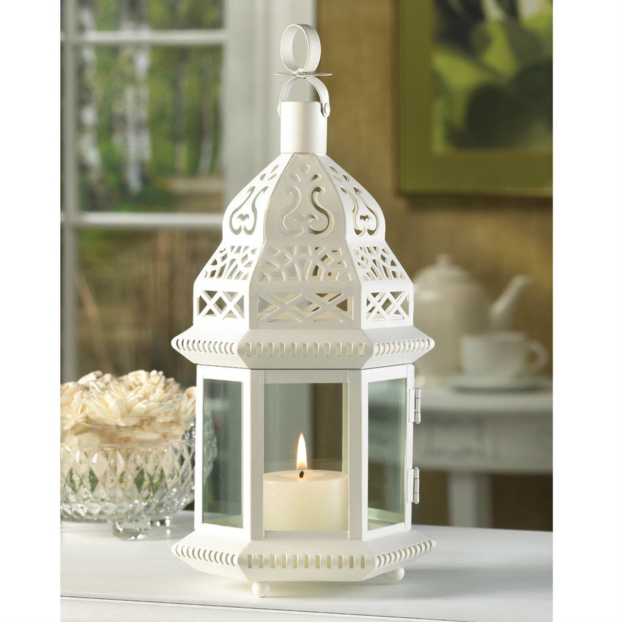 4 Moroccan Style Candle Lanterns Creamy White w/ Clear Glass Panels 13" High 