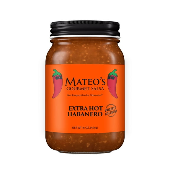 Mateo's Gourmet All Natural Habanero Hot Salsa, Extra Spicy Heat, Regular16oz Glass Jar