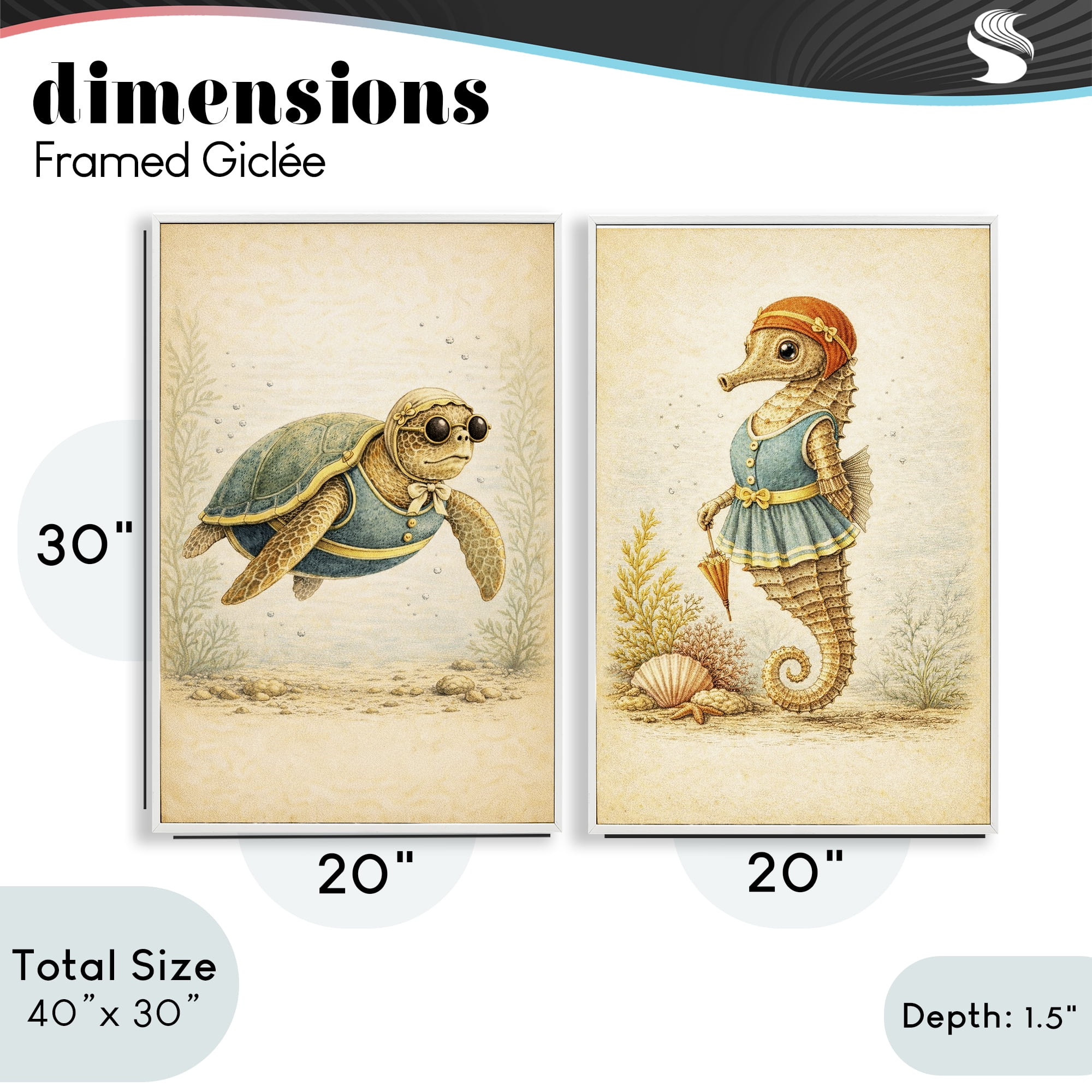 Stupell Industries Vintage Maritime Bathing Animals 2 Piece White Framed Giclee Art Set, design by Grotto Studios