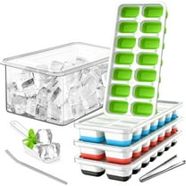 Ice Cube Tray with Lid and Bin (4 Pack, Multi) Silicone Plastic Ice Cube Trays for Freezer, BPA Free Ice Trays with Bin, Ice Scoop, Ice Tong and Drinking Straw Stackable Ice Trays for Cocktail
