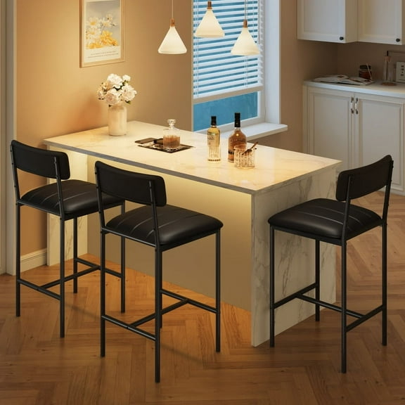 Bar Stools Set of 2, Counter Height Bar Stools with Footrest, PU Leather Kitchen Barstools, Bar Chairs with Back for Kitchen Island, Apartment, Counter Bar, Easy Assembly, Classic Black