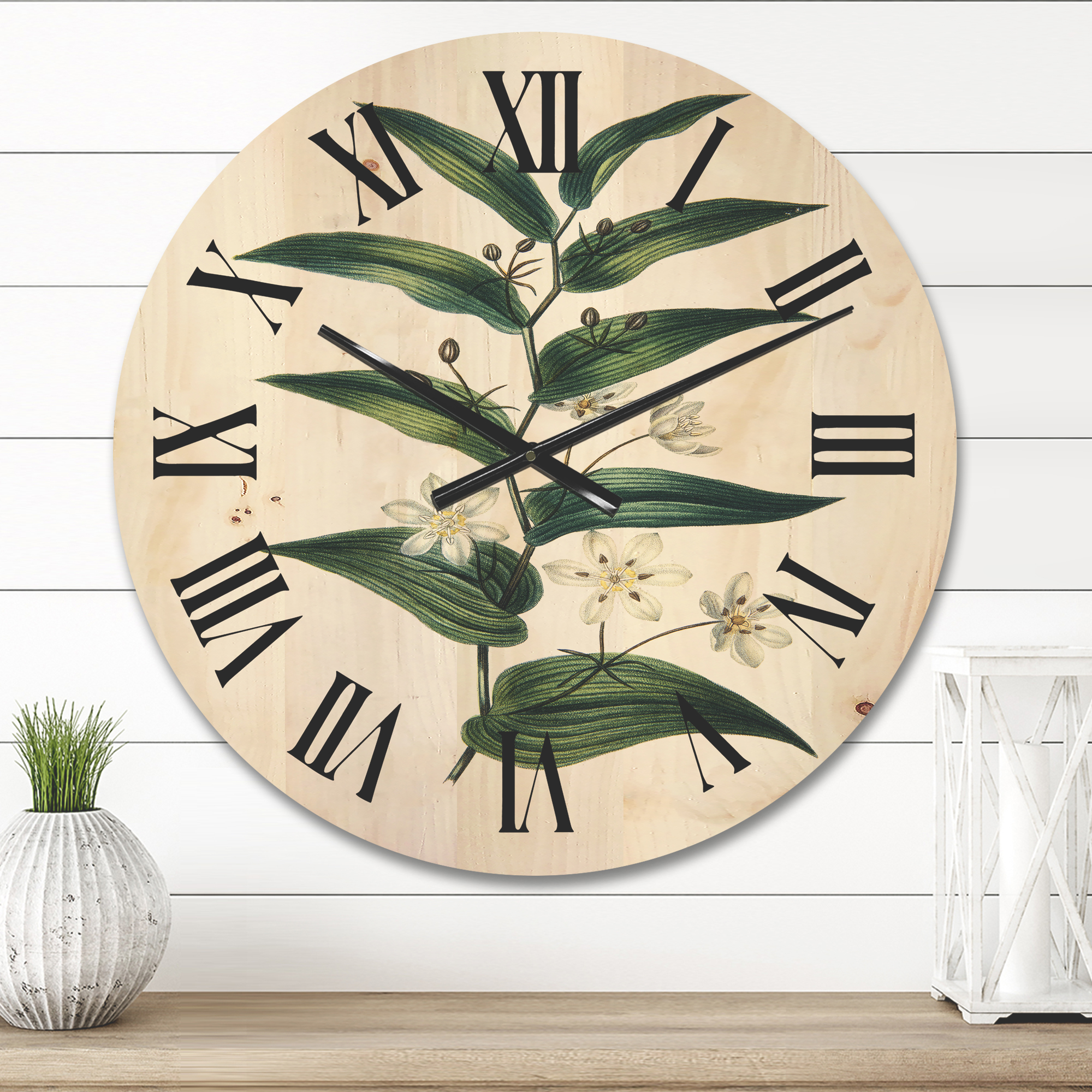 Designart 'Little White Flowers With Ancient Plant' Farmhouse Wood Wall Clock