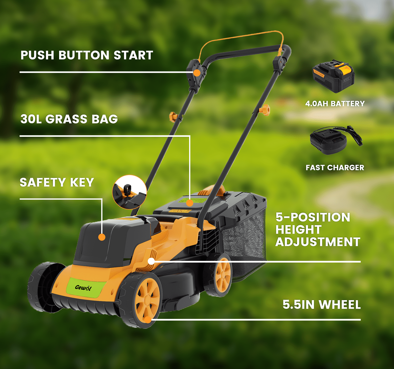 Gewol 20V 13" Cordless Lawn Mower, Push Mower 5-Position Height Adjustment Ultralight with 2×4.0Ah Batteries & Fast Charger