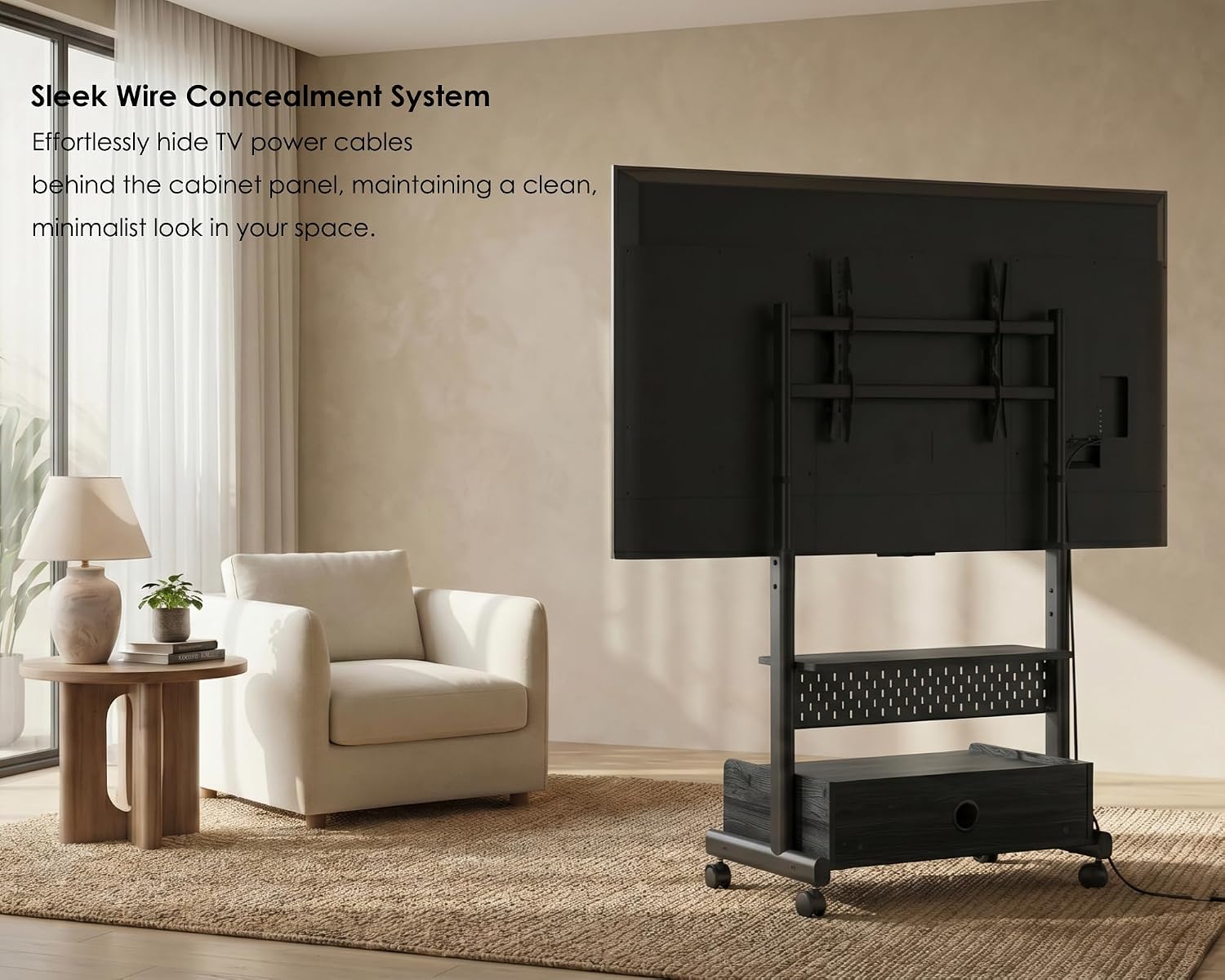 FITUEYES Rolling TV Stand for 40–85 Inch TVs, Black, Storage & Pegboard
