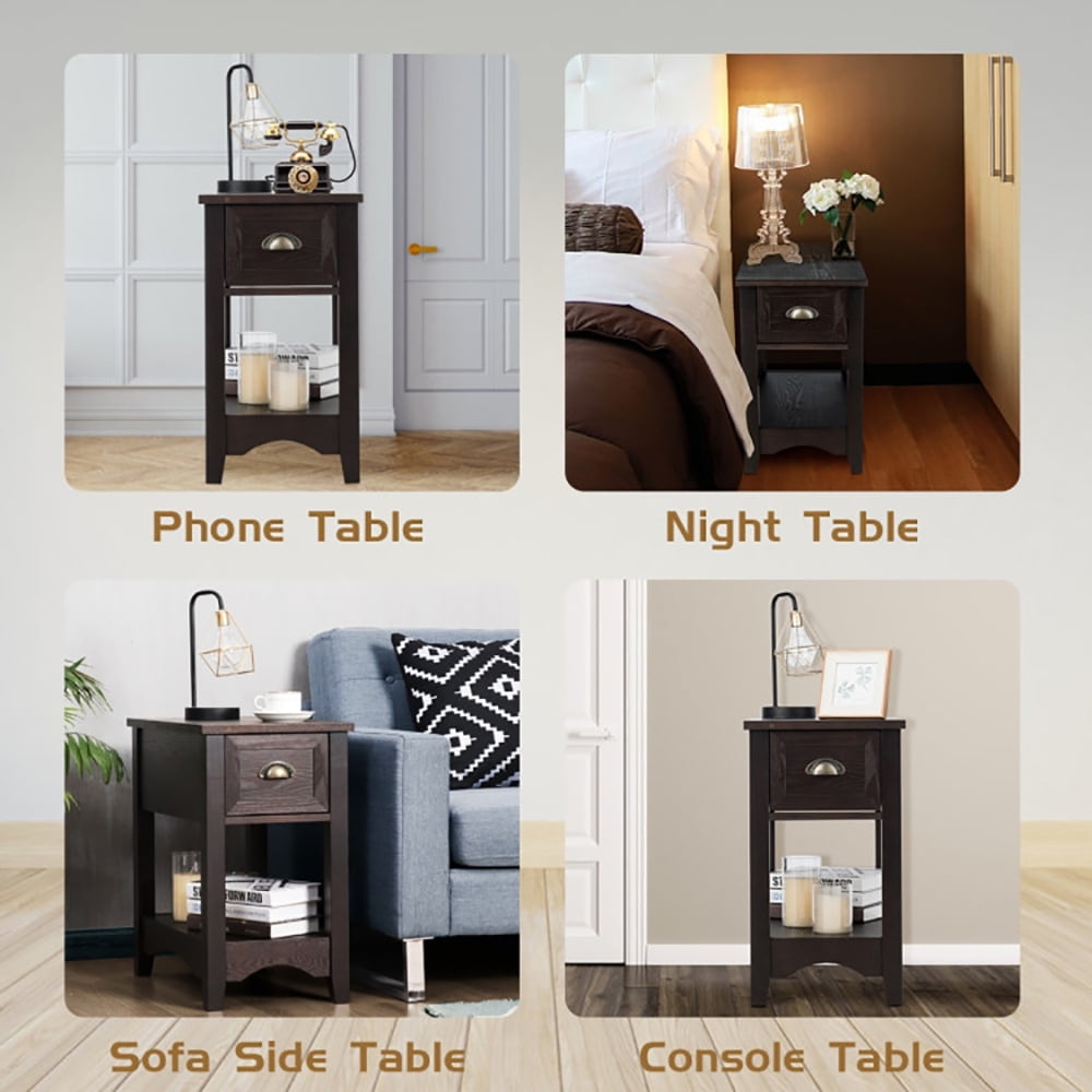 Finihen End Table, 2 Pieces Retro Narrow Tiered End Table with Drawer and Storing Shelf, Sofa Side Table, Bed Side Table, for Living Room, Bedroom, Brown Finihen End Table, 2 Pieces Retro Narrow Tiered End Table with Drawer and Storing Shelf, Sofa Side Table, Bed Side Table, for Living Room, Bedroom, Brown
