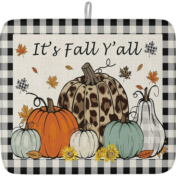 Fall Dish Drying Mat for Kitchen Counter Pumpkin Drying Pad Absorbent Drying Mats for Countertops Sinks Draining Racks Autumn Eucalyptus Leaves Drainer Holiday Harvest Thanksgiving Decorations 18x24