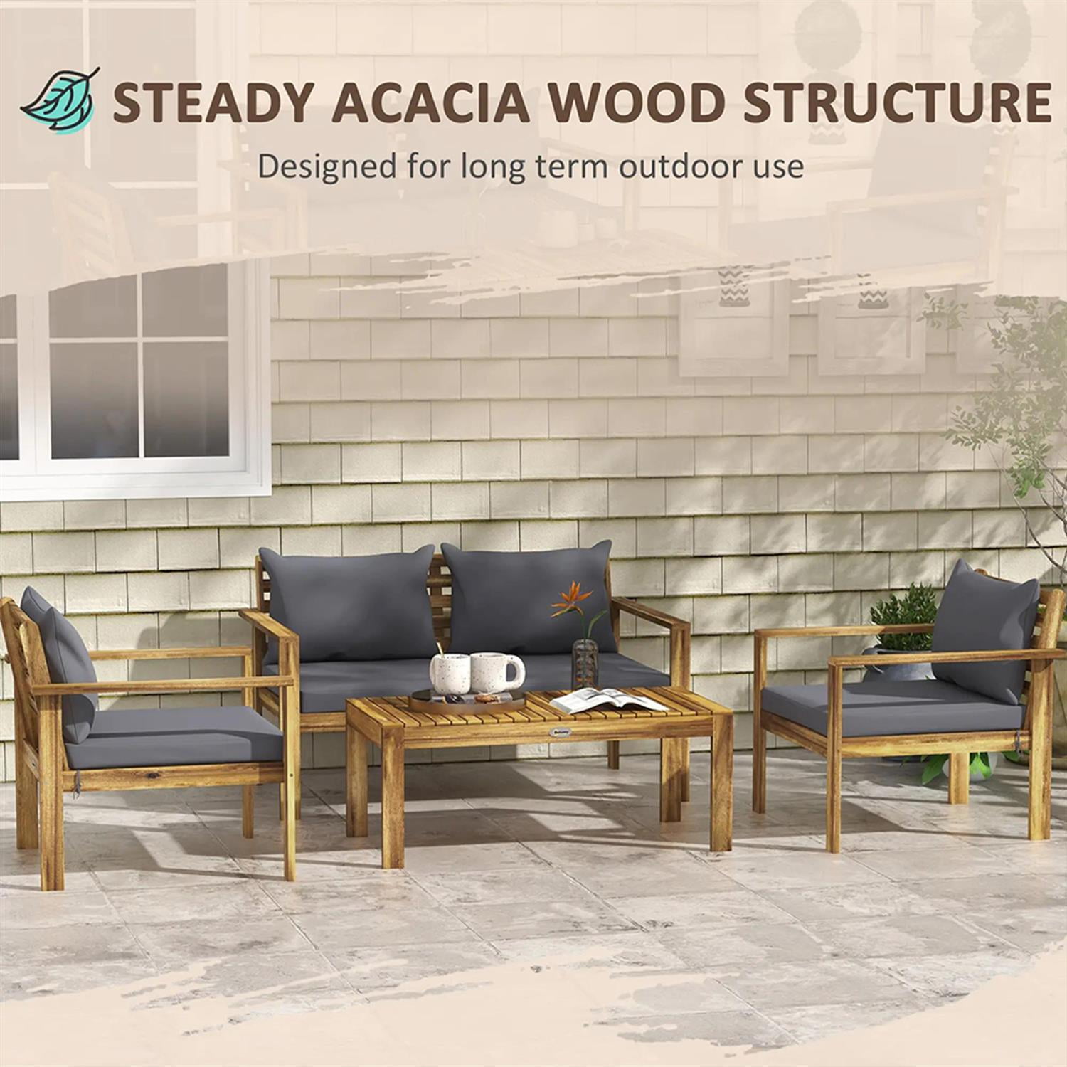 Demi Bonn 4-Piece Outdoor Conversation Sofa, Patio Furniture Set with 2 Acacia Wood Chairs Cushions & Coffee Table for Backyard, Balcony, Porch, Brown