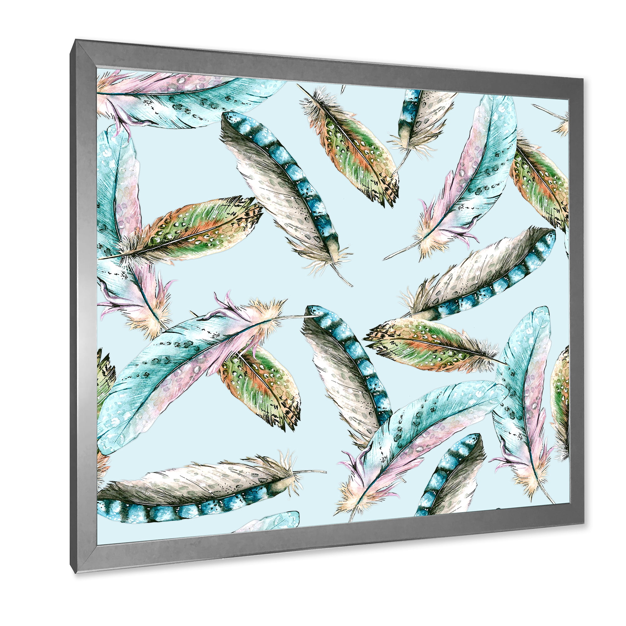 Designart 'Green Bird Feathers On Blue Background' Bohemian & Eclectic Framed Art Print