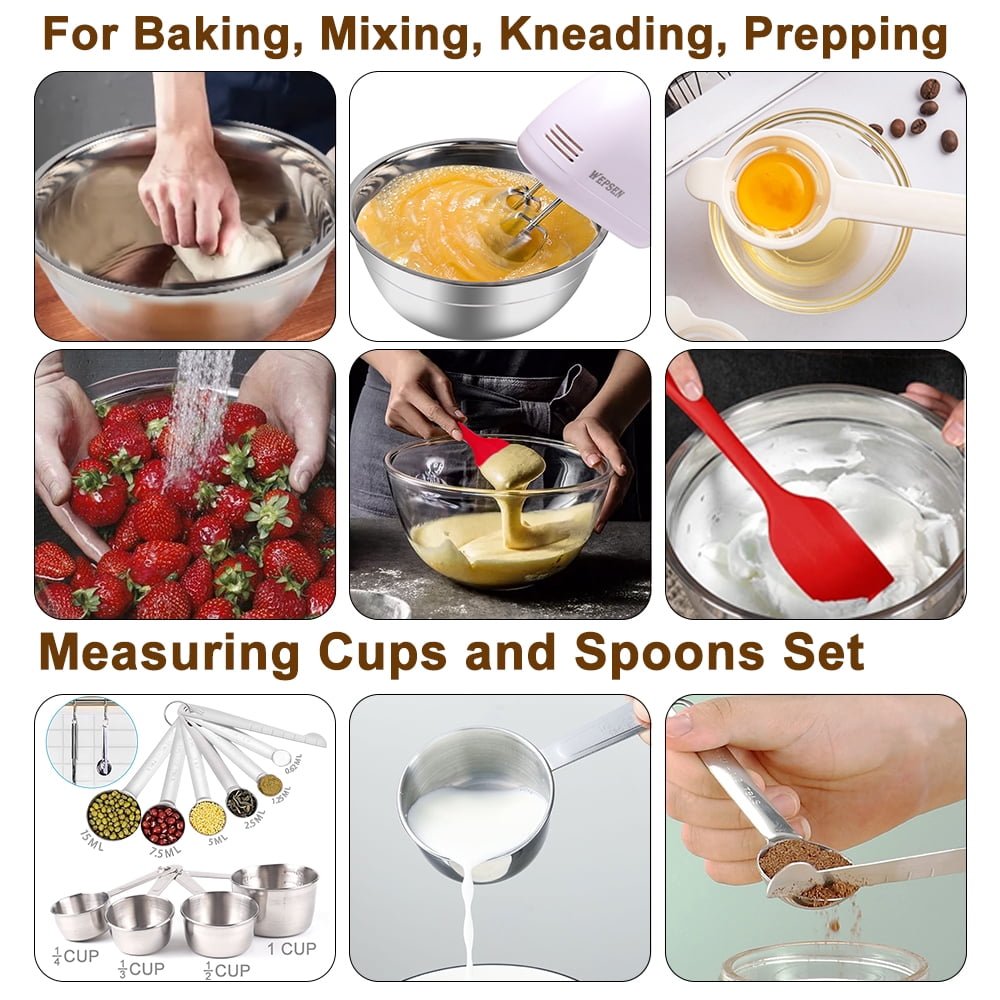 Mixing Bowls with Lids Set, 23 Pcs Kitchen Utensils Stainless Steel Nesting Bowls, Measuring Cups Spoons, 12 Reusable Silicone Stretch Lids Non-Slip Mat Egg Whisk for Baking Cooking by Kosbon