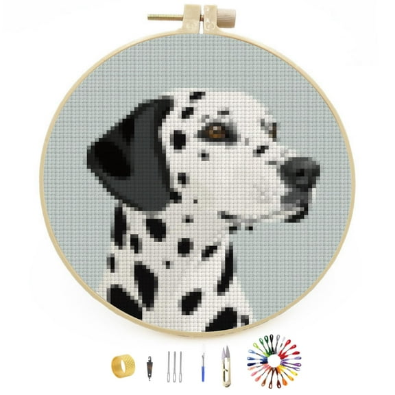 Dalmatian Dog Stamped Cross Stitch Kits for Beginners with Hoop Simple Patterns 11CT Counted Embroidery Needlepoint Crafts Arts for DIY Enthusiasts and Home Decor 26x26cm(1)