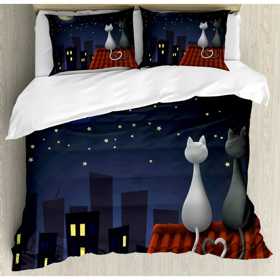 Animal Duvet Cover Set, Cats on the Roof Couple Valentines Animal Kitten Kitty Night Full Moon Starry Sky, Decorative 3 Piece Bedding Set with 2 Pillow Shams, Calking Size, Grey Yellow, by Ambesonne