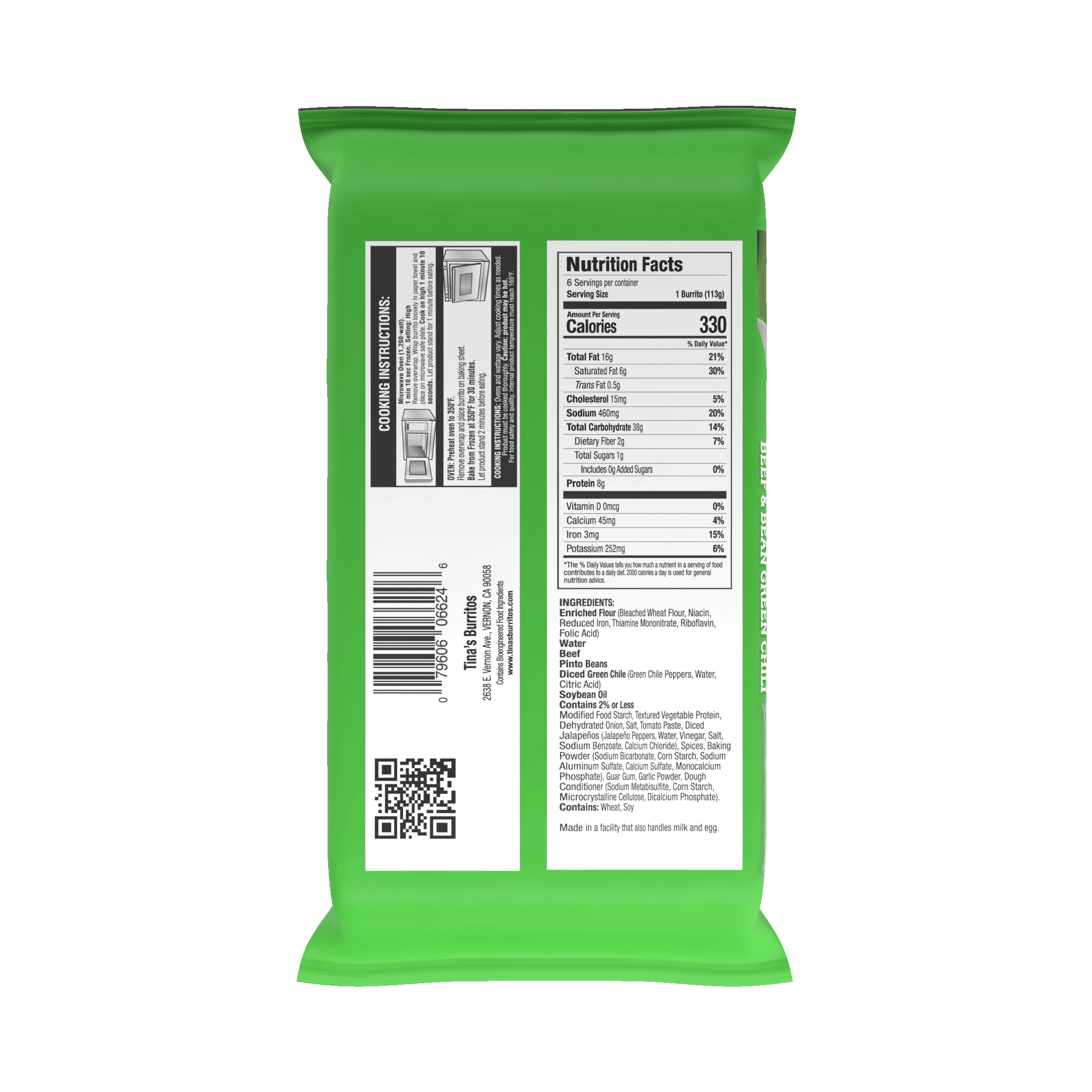 Tina's Beef and Bean Green Chili Burritos Individually Wrapped, 24 oz, 6 Count (Frozen)