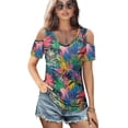 thumbnail image 2 of POLERO Colorful Palm Leaves Print Womens Cold Shoulder Summer Trendy Top Short Sleeve Shirt Sexy V Neck Blouse Casual Tee Basic Tshirt Vacation Beach Tunic Soft Lightweight L, 2 of 8