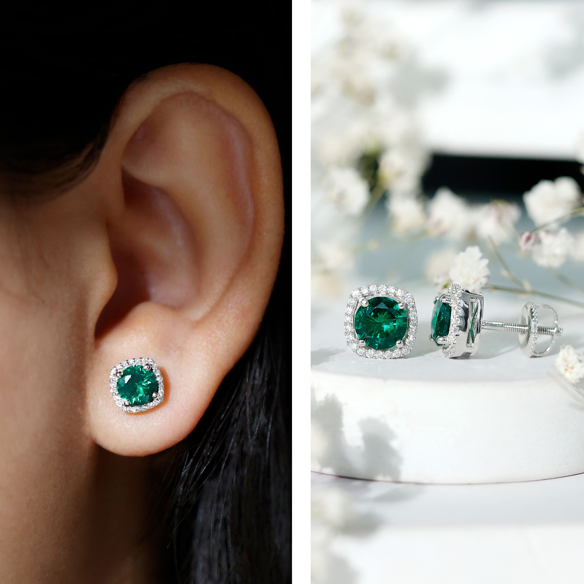 Rosec Jewels Lab Grown Emerald Earrings with Moissanite - Emerald Halo Stud Earrings in Silver - 6 mm - AAAA Quality