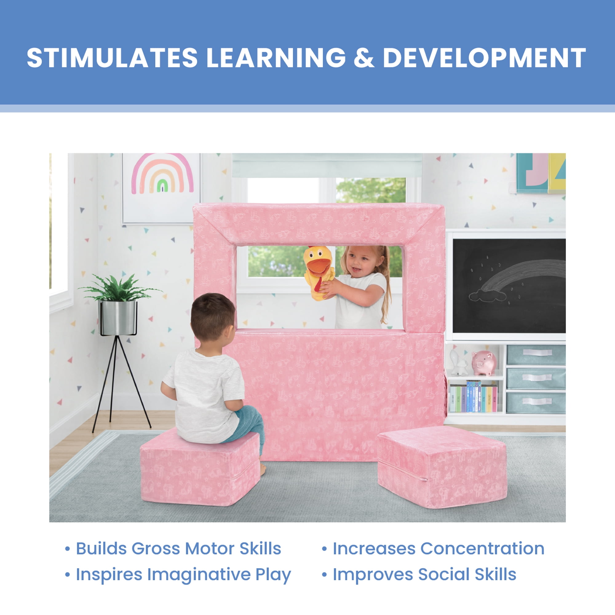 Serta Perfect Sleeper Convertible Sofa and Play Set – Modular Foam Couch and Flip Out Lounger with 2 Ottomans, Pink