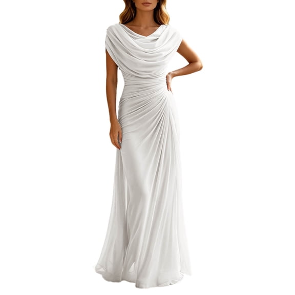 Dress for Women Cowl Neck Sleeveless Ruched Waist Chiffon Floor Length Maxi Gown Elegant Formal Wedding Guest Evening Dress