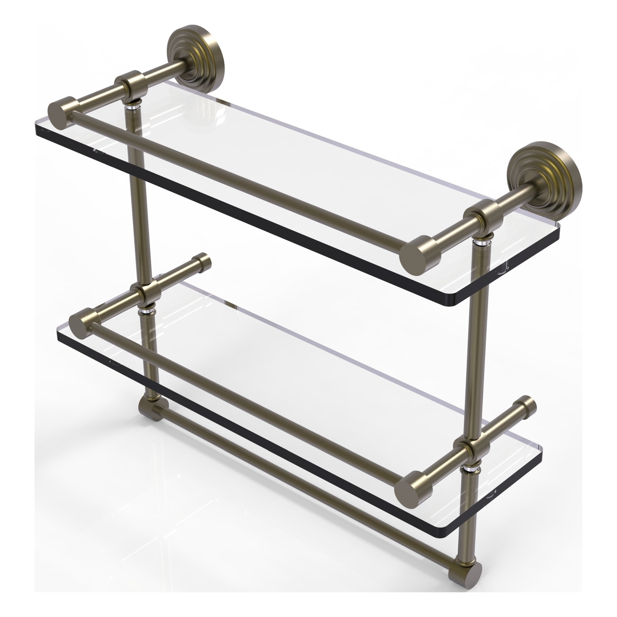 16in Gallery Double Glass Shelf with Towel Bar in Antique Brass