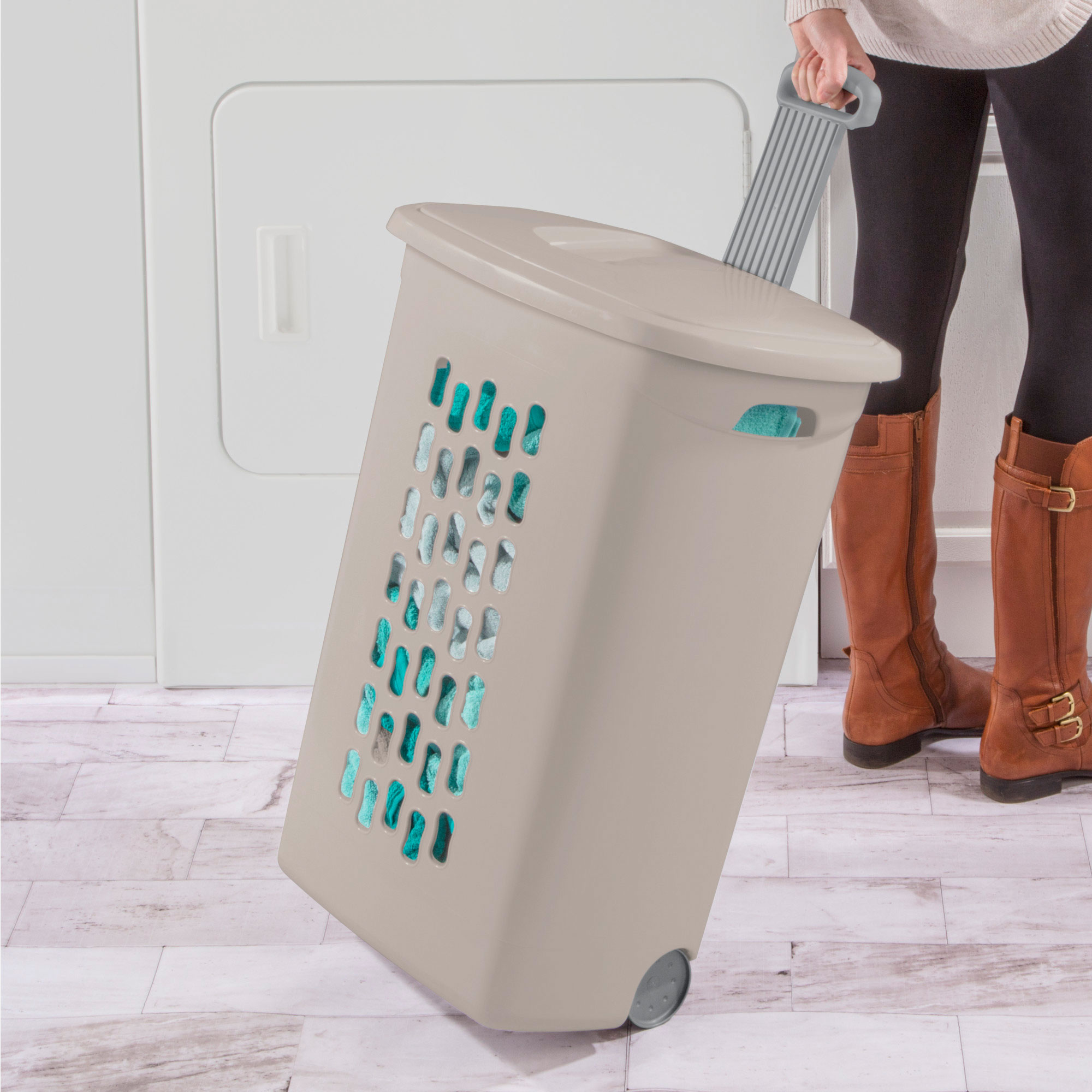 Sterilite 3-Pack Ultra Wheeled Hamper, Laundry Basket with Lid and Handle, Gray Pumice