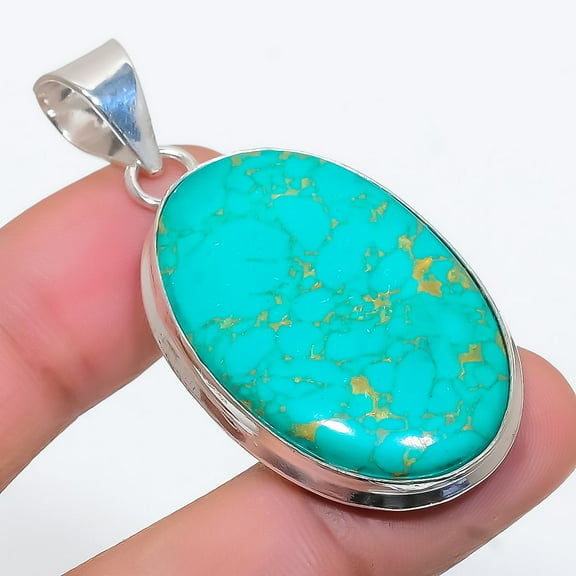 Copper Blue Turquoise Gemstone 925 Steling Silver Jewelry Pendant 2.01"