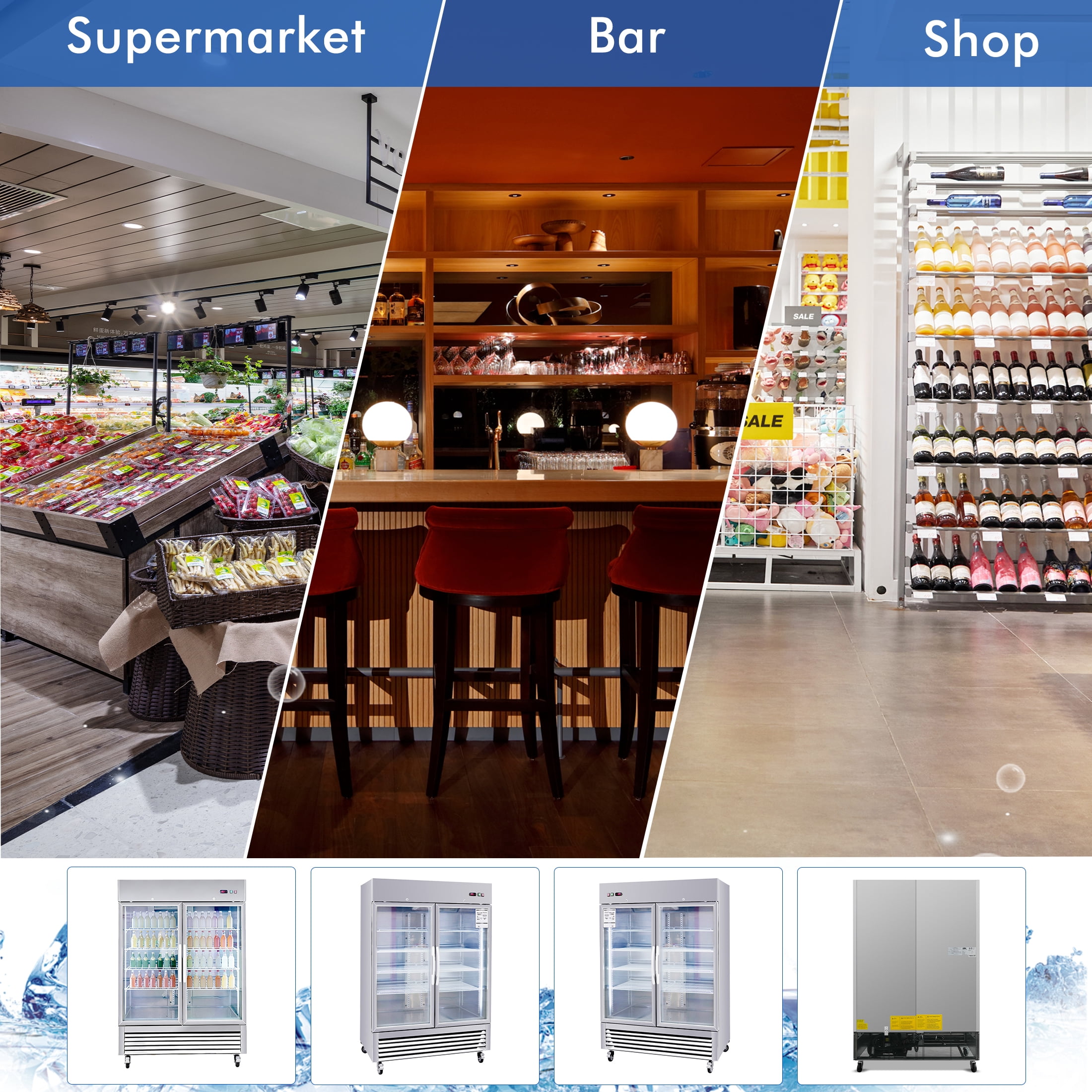 CTOSPOATO 54"W Commercial Refrigerator 2 Glass Door Stainless Steel Interior and Exterior Construction,42.2 Cu.ft.for Restaurant,Bar,Shop