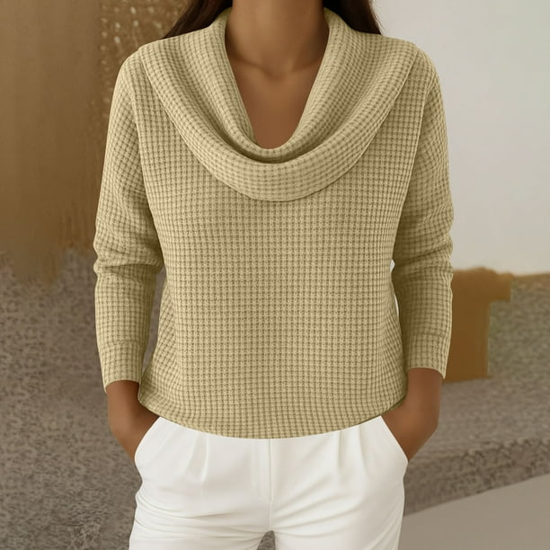 Uootdi Women's Waffle Knit Tops Cowl Neck Long Sleeve Clothes Trendy Casual Loose Relaxed Fit Knit Pullover Gift