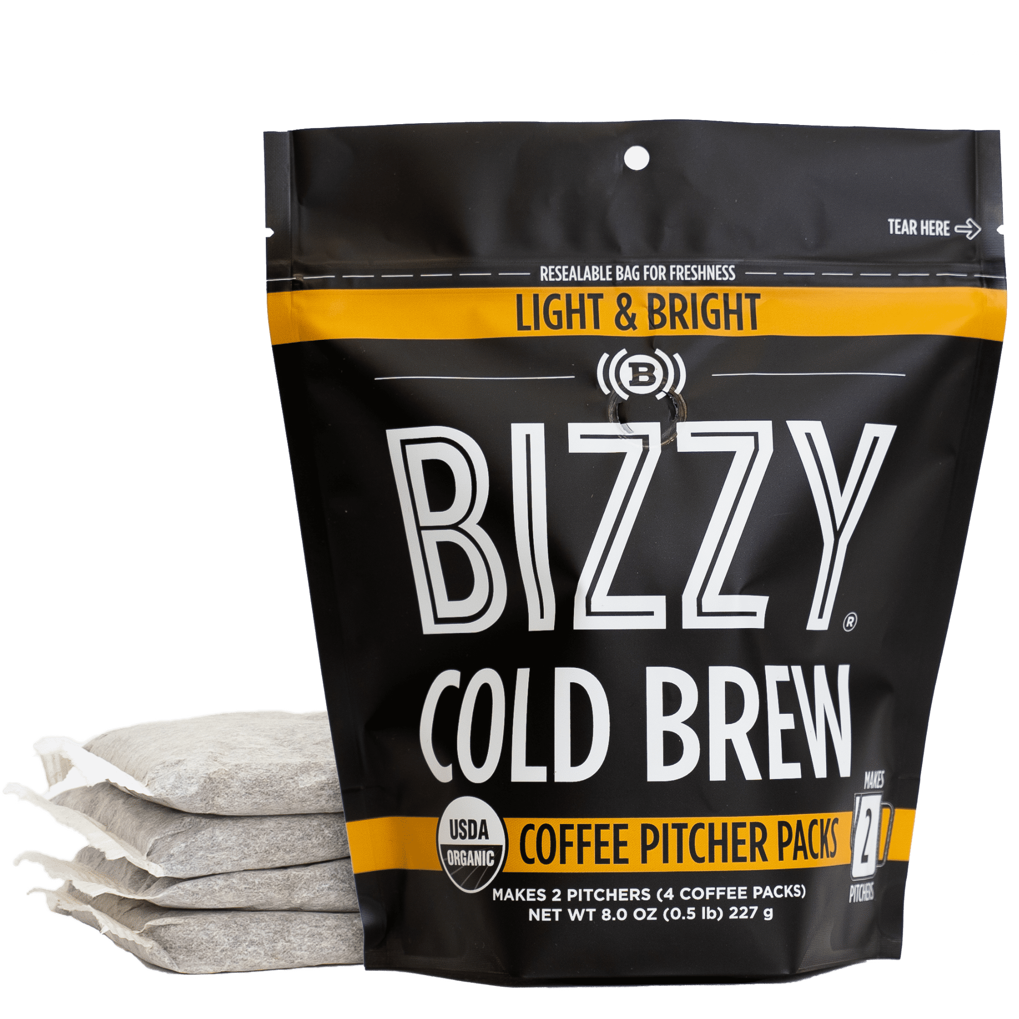Bizzy Organic Cold Brew Coffee | Light & Bright Blend | Coarse Ground Coffee | Pitcher Packs | 4 Count | Makes 14 Cups