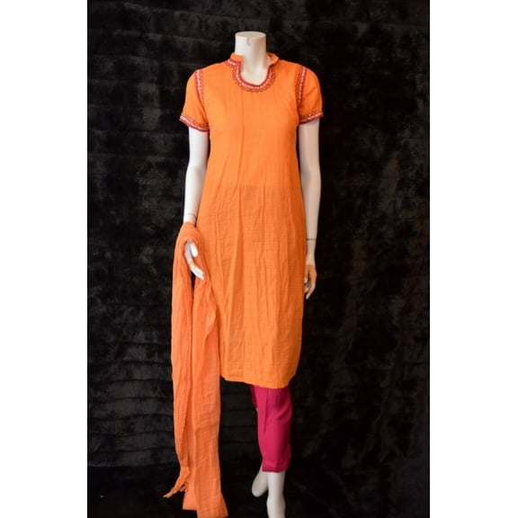 Cotton Embossed Fabric Pakistani Indian Shalwar Kameez Orange Embroidery S New