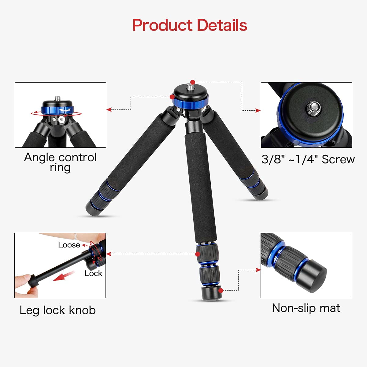 Koolehaoda Camera Mini Tripod, Lightweight Aluminum Alloy Tabletop Tripod Stand with 1/4 and 3/8 Screw Mount for DSLR Camera,Video Recorder,Cell Phone - (MT-03)