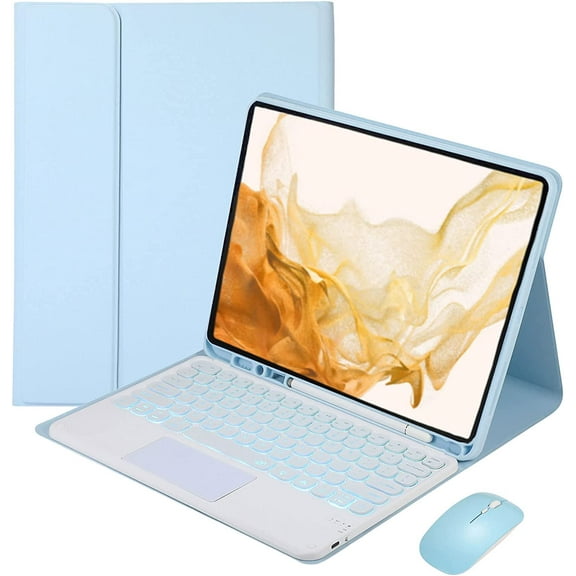 Backlit Keyboard Case for Samsung Galaxy Tab S8 2022/Tab S7 FE 2021/Tab S7 2020 12.4inch, Detachable Wireless Touchpad Keyboard with Mouse, 7 Color Backlit Key, PU Folio Stand Cover