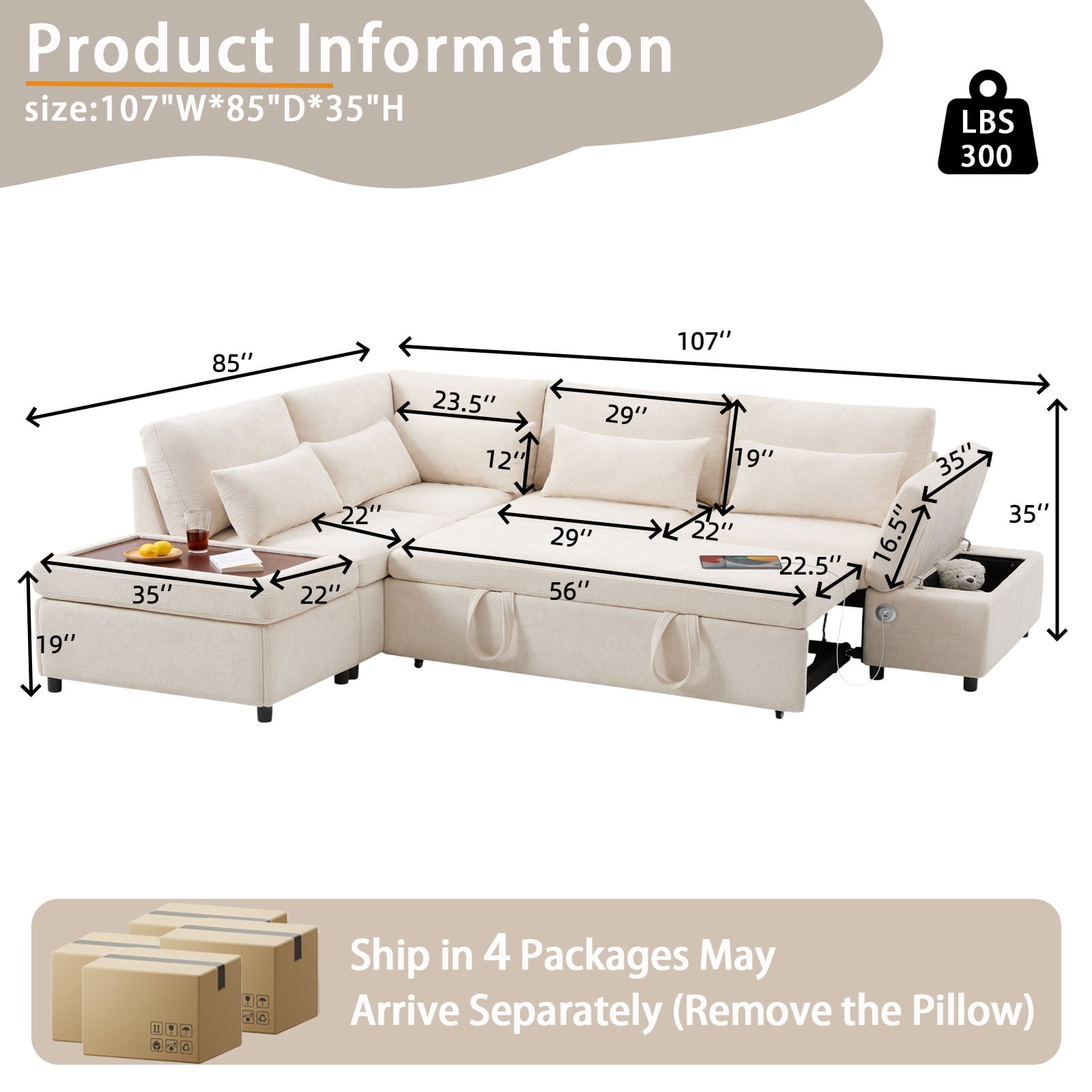 Howcool 107" Sleeper Sectional Sofa with Pull Out Bed, Modular L-Shaped 6-Seater Chenille Couch, Storage Chaise, Adjustable Armrests, USB & Type-C Charging for Living Room Apartment,Beige