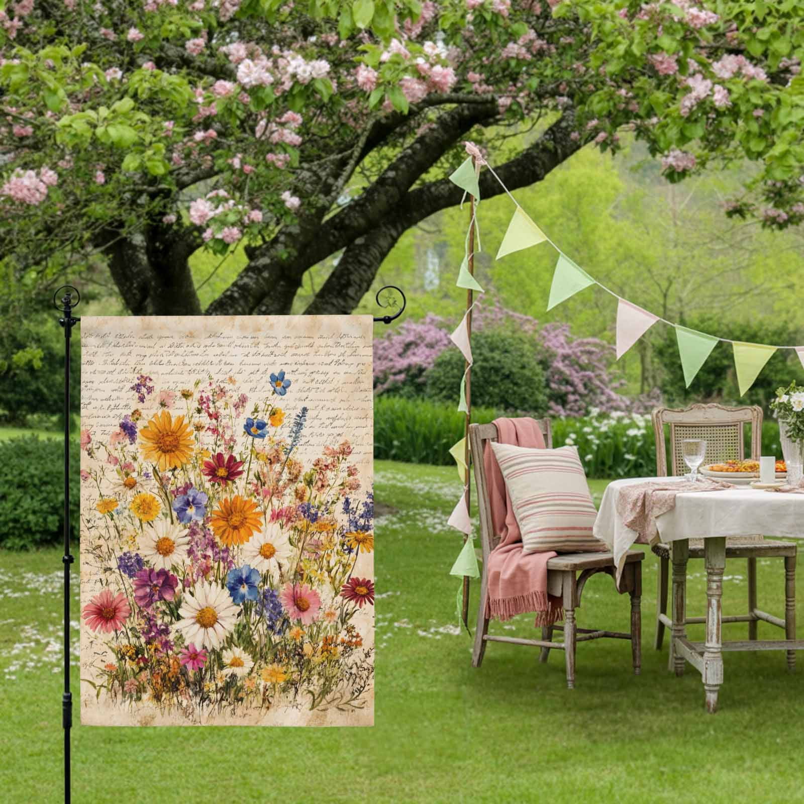Spring Florals House Flags For Outdoor, Rustic Watercolor Colorful Floral Newspaper Texture Small Double Side Yard Flags Weather Proof House Decor for Lawn Outside Holiday 28 x 40 Inches