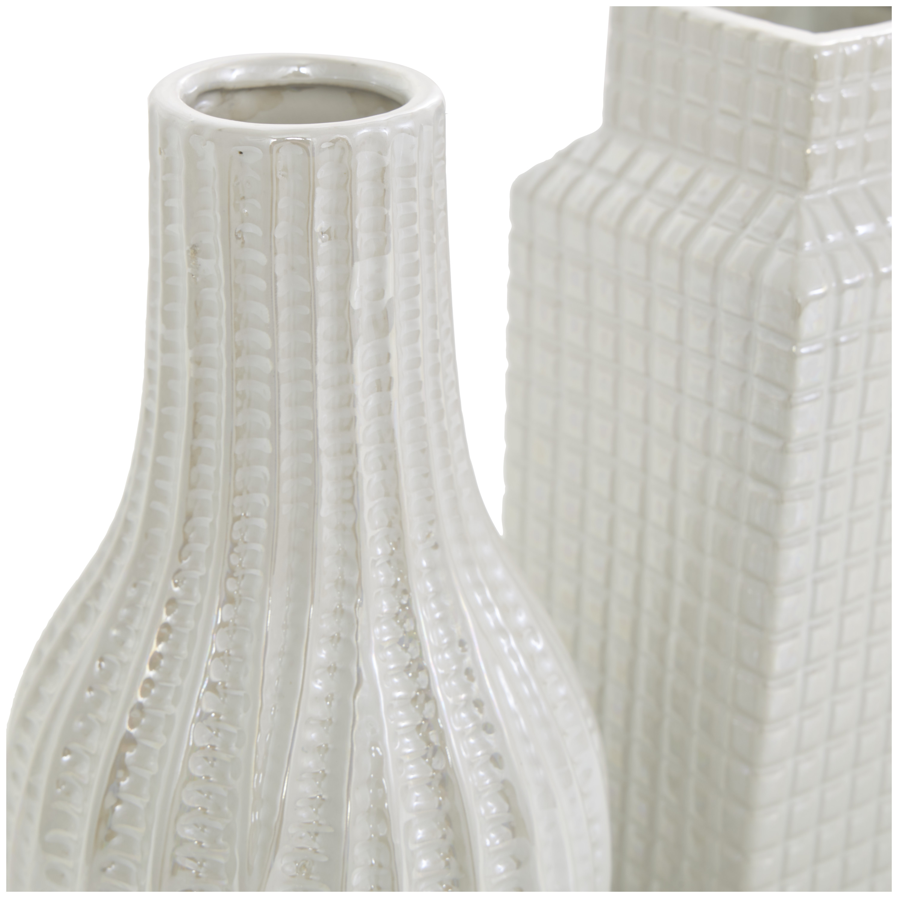 DecMode 3"W, 8"H Geometric Dimensional Textured Cream Ceramic Vase with Varying Shapes and Grid Patterns, Set of 3