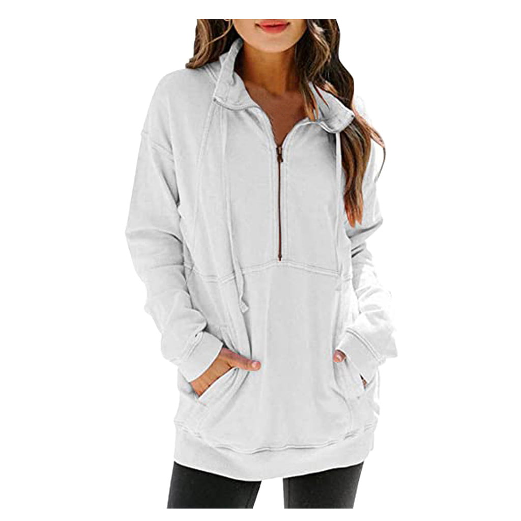 Womens Quarter Zip Pullover Long Sleeve Stand Collar Sweatshirts Solid Casual Tunic Tops with Pocket S-3XL
