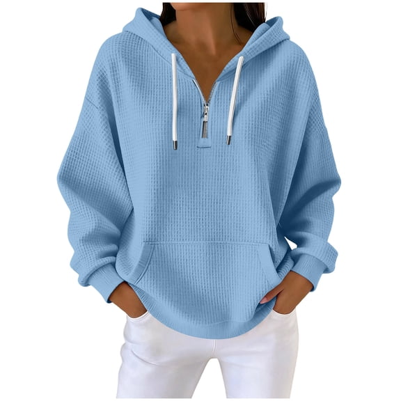 Hurxie Womens Hoodies Casual Long Sleeve Drawstring Waffle Pullover Tops Loose Hooded Sweatshirt with Pocket Light Blue 2XL