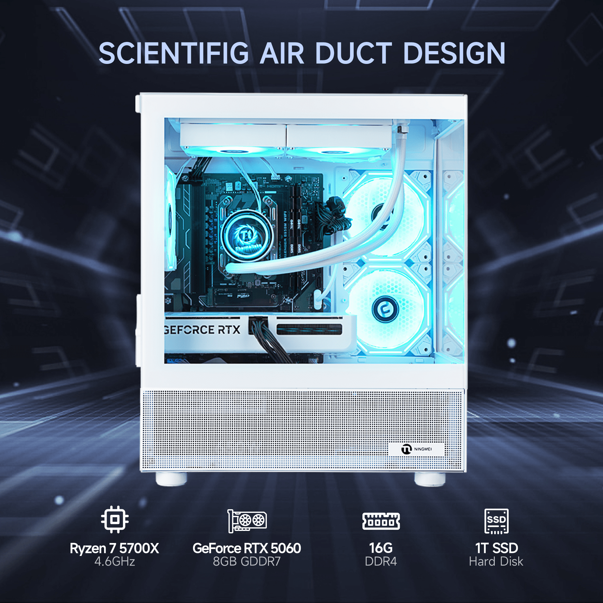 Ningmei Gaming PC AMD Ryzen7 5700X RTX 5060 32GB DDR4 1TB SSD Liquid Cooler Win 11 WiFi