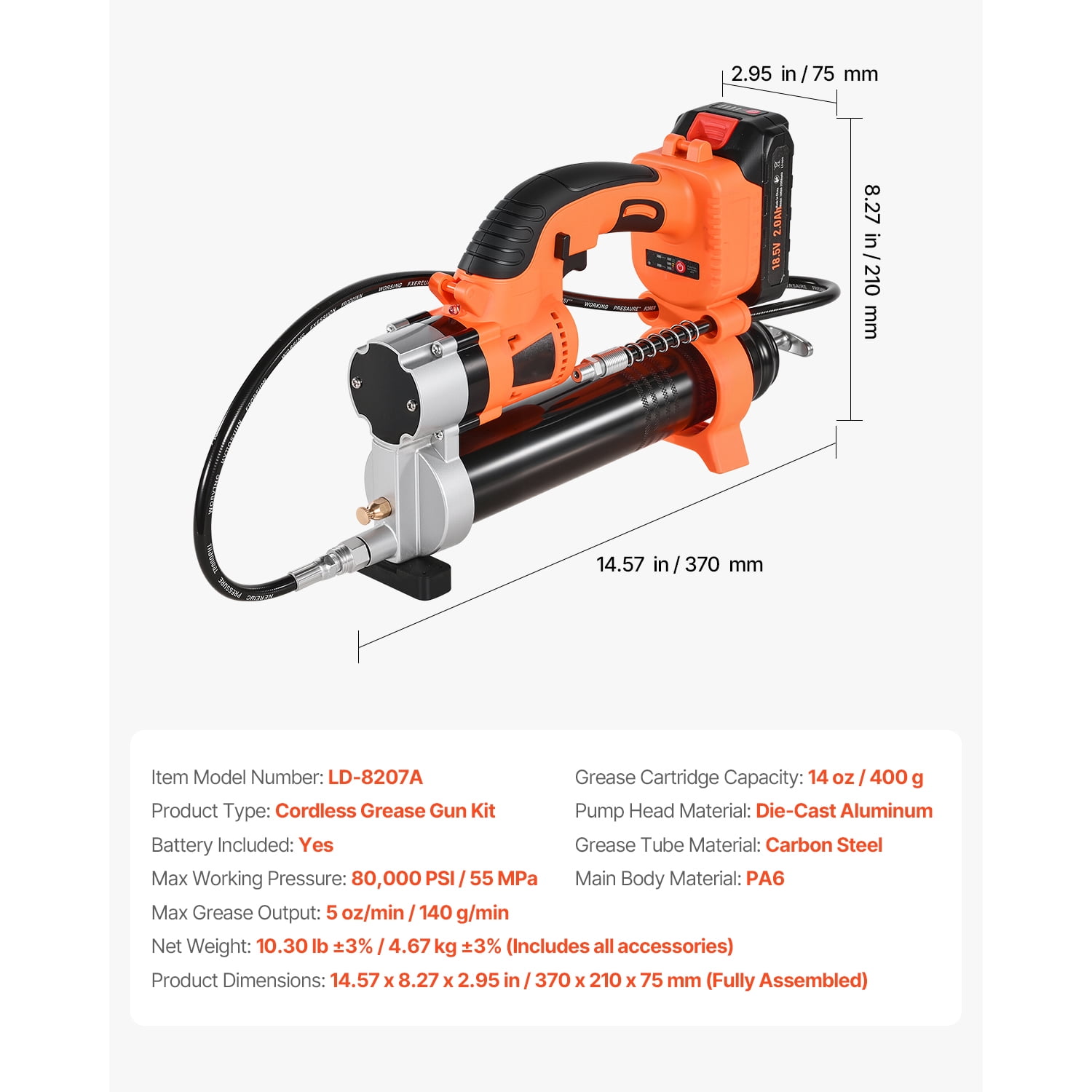 KFFKFF Cordless Grease Gun, 8000 PSI Max Pressure, 20V Electric Grease Tool with 2.0 Ah Battery & LED Light, 30-Inch Hose & Carrying Case, Adjustable Speed Triggers for Vehicle and Machine