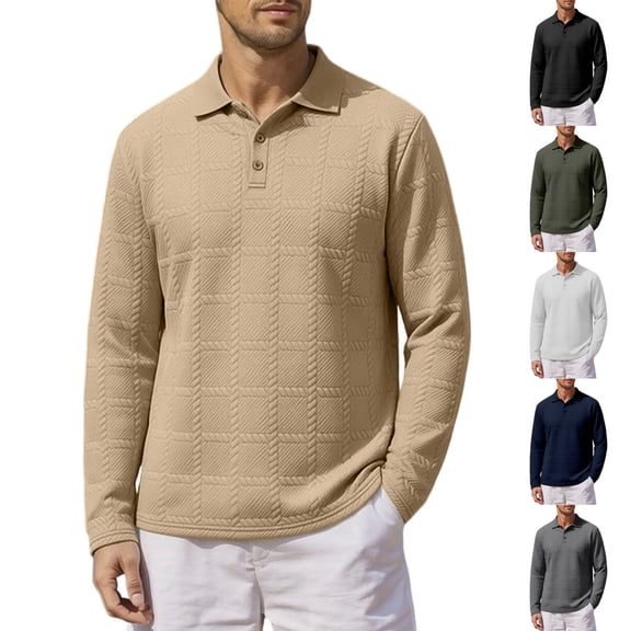 ZVAVZ Mens Knit Polos Shirts Long Sleeve Textured Collared T-Shirt Solid Loose Fit Vacation Tops Fashion Breathable Beach Tee Shirt Khaki S