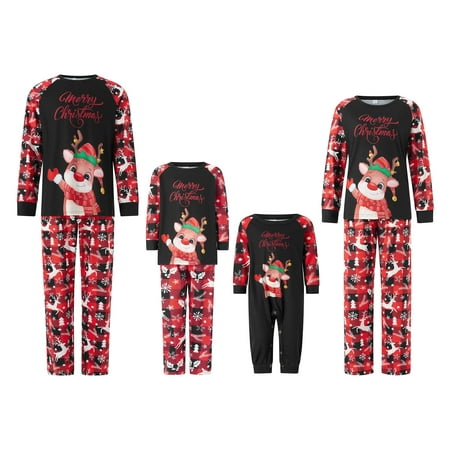 

Family Matching Christmas Pajamas Baby Romper/Elk Letter Print Tops + Christmas Tree Snowflake Deer Plaid Print Pants Set