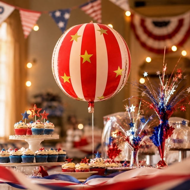 Globos de lámina patrióticos de 22 pulgadas con diseños de estrellas rayadas en rojo y azul para fiestas del Día de la Independencia, desfiles, barbacoas y celebraciones.