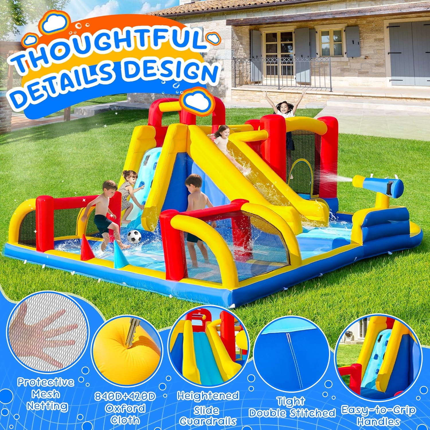 Cuoote Inflatable Water Slide for Kids, 8 in 1 Giant Water Park for Backyard Outdoor with Long Slide, Air Blower, 2 Mins Blow Up