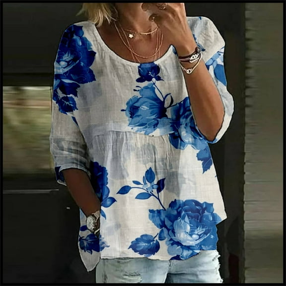 Blue Women's Long Sleeve T-shirt, Women'S Floral Print T Shirt Half Sleeved Round Neck Shirt 3/4 Sleeved T Shirt Loose Large Size T Shirt,Women's Long sleeve T-shirt L