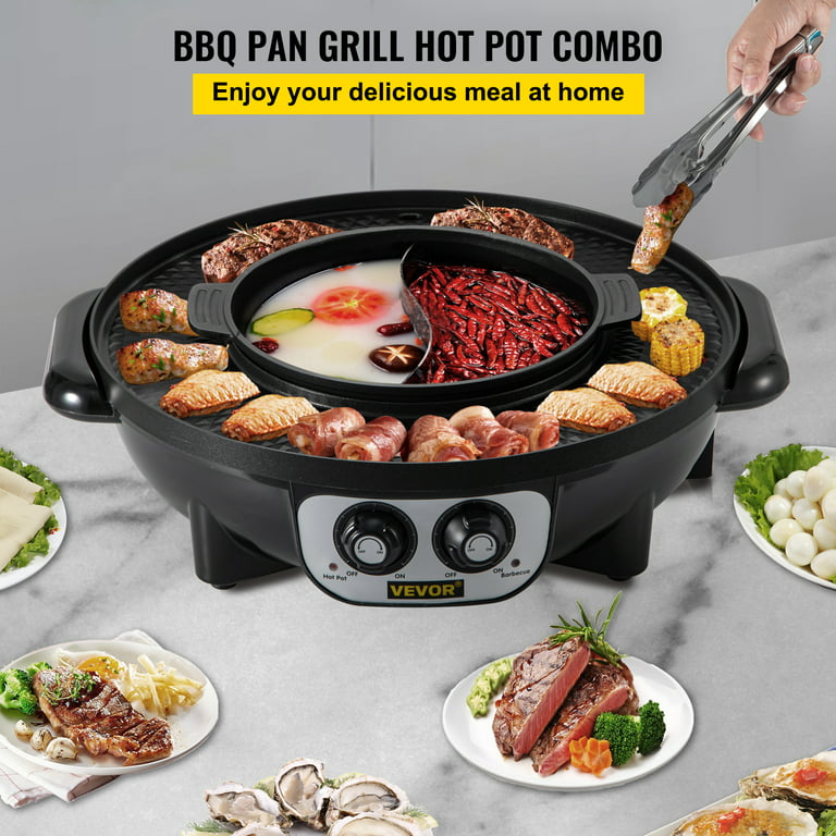 2 in 1 Hot Pot and Grill, 2200W BBQ Grill and Hot Pot, Multifunctional Teppanyaki Grill Pot with Dual Temp Control, Smokeless Hot Pot Grill with Nonstick Coating, -