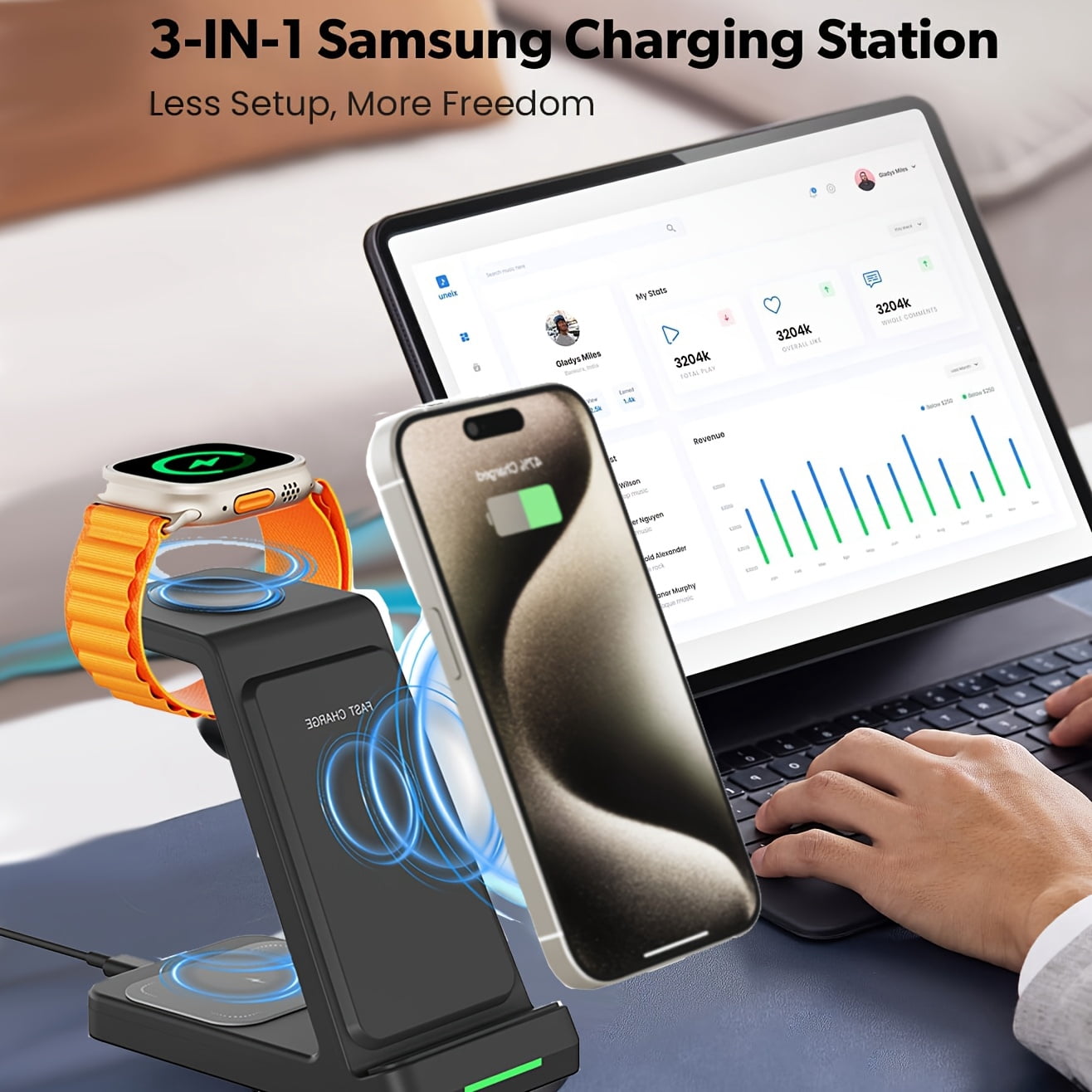 Wireless Charger 3 in 1 Wireless Charging Station for Galaxy Watch 8 7 6 5 4 3 Pro for Iphone 17 16E 16 15 14 13 12 11 X Pro Max And Apple Watch - Wireless Charging Station for Airpods 4 3 Pro
