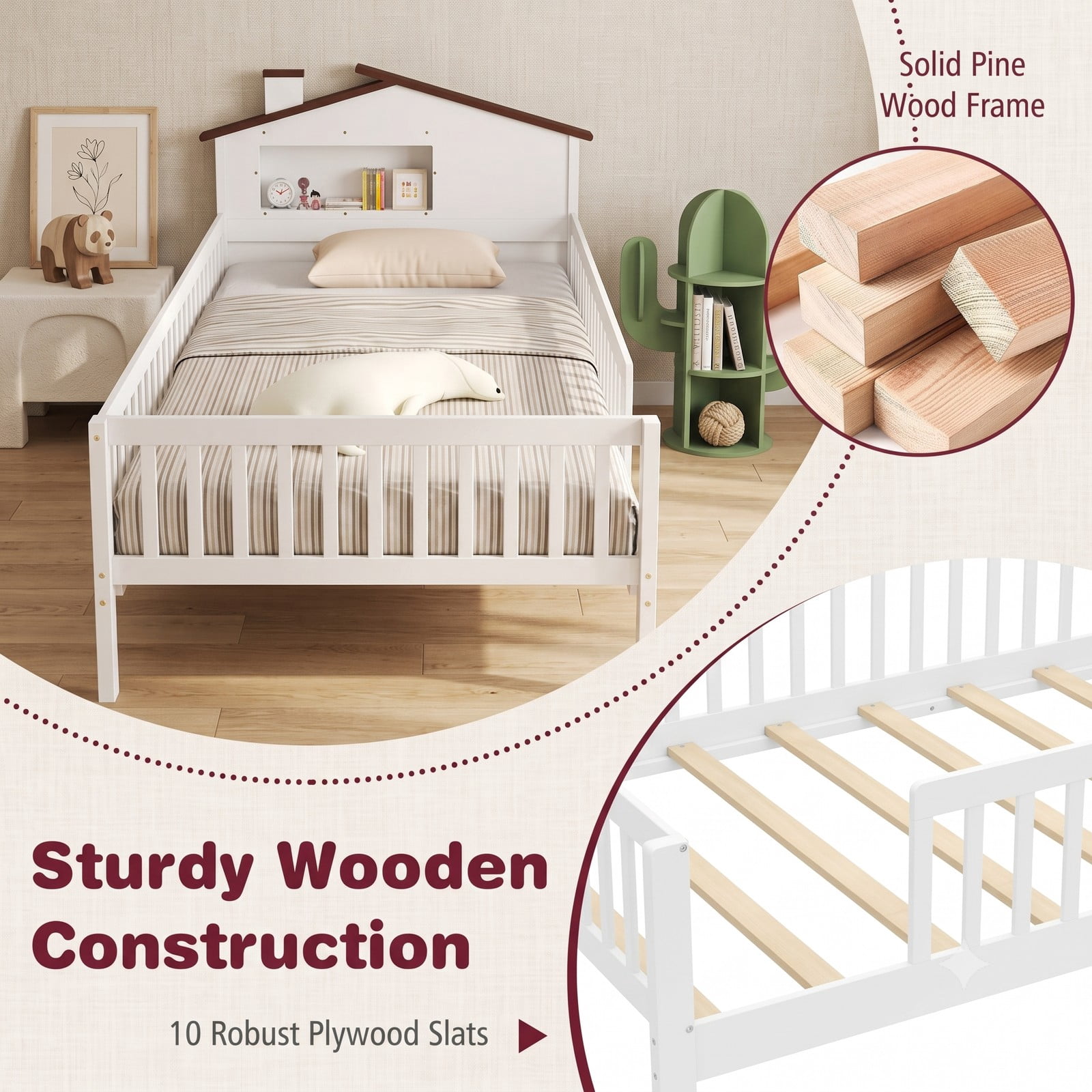 Furnibear Full Size Bed Frame Montessori Floor Bed with House Headboard and Storage Shelf and Guardrails for Kids Room, White