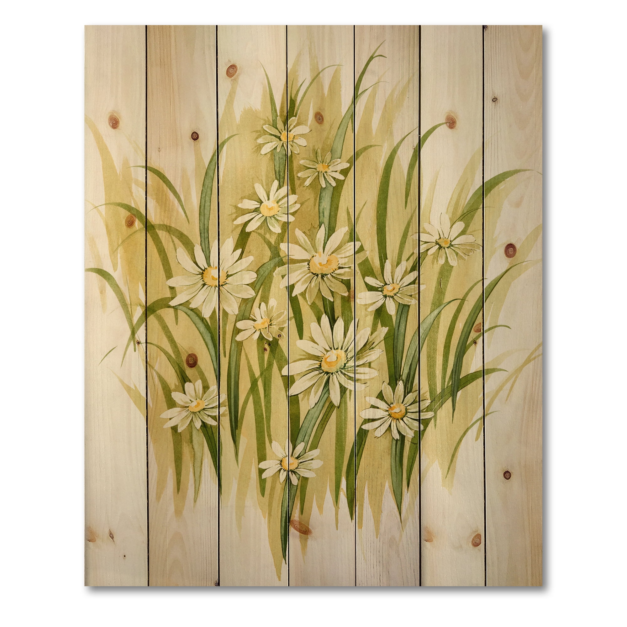 Designart 'Abstract White Meadow Flowers' Traditional Print on Natural Pine Wood